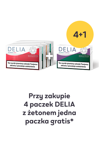 Przy zakupie 4 paczek DELIA z żetonem jedna paczka gratis*