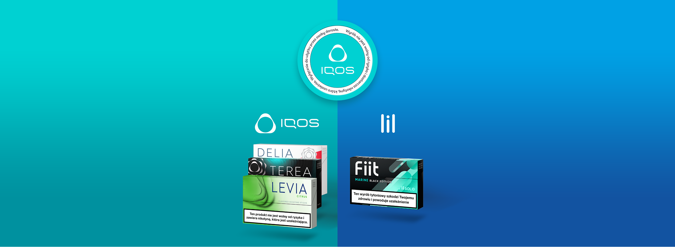 Po lewej stronie na turkusowym tle paczka LEVIA, TEREA oraz DELIA. Po prawej na niebieskim tle paczka Fiit