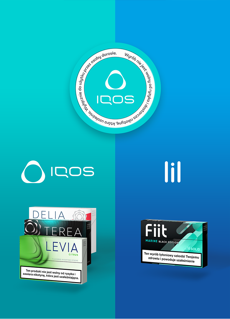 Po lewej stronie na turkusowym tle paczka LEVIA, TEREA oraz DELIA. Po prawej na niebieskim tle paczka Fiit