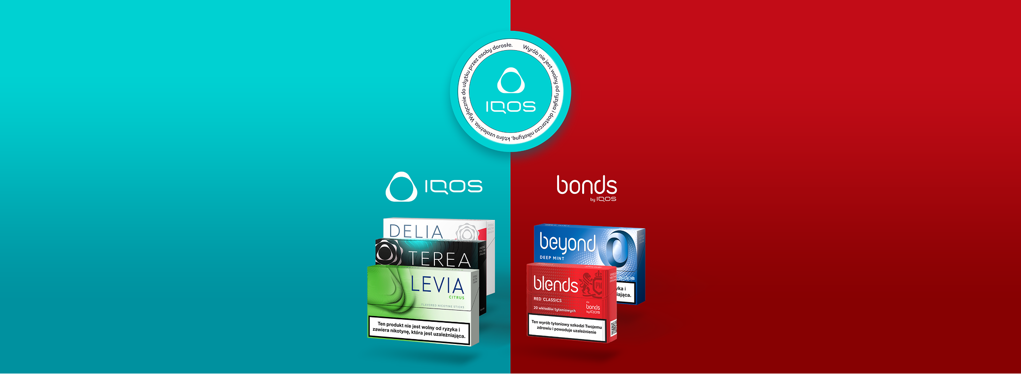 Po lewej stronie na turkusowym tle paczka LEVIA, TEREA oraz DELIA. Po prawej na czerwonym tle paczki BLENDS oraz BEYOND