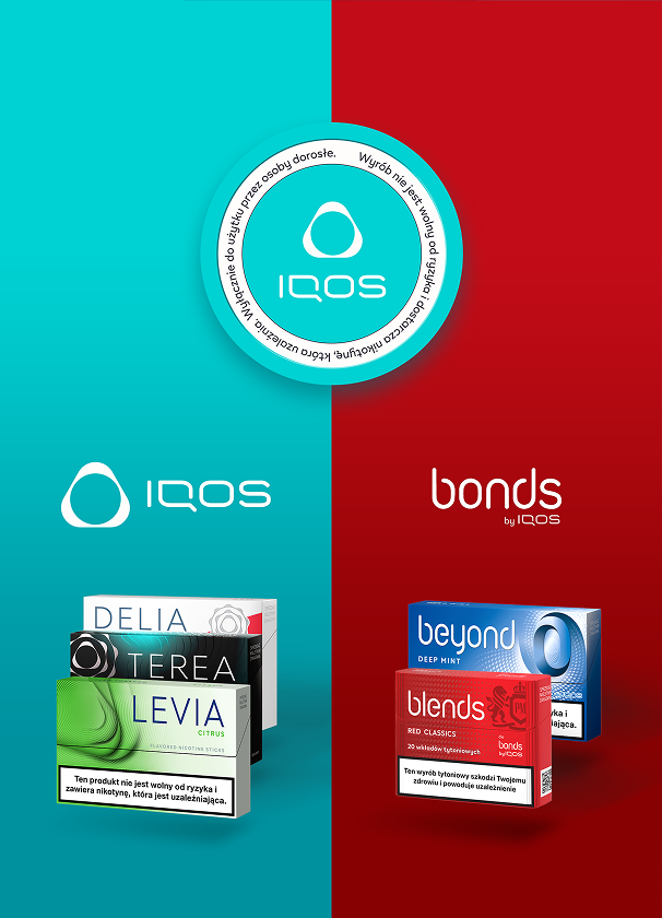 Po lewej stronie na turkusowym tle paczka LEVIA, TEREA oraz DELIA. Po prawej na czerwonym tle paczki BLENDS oraz BEYOND