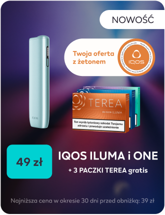 NOWOŚĆ Twoja oferta z żetonem IQOS 49 zł IQOS ILUMA i ONE + 3 paczki TEREA gratis Najniższa cena od wprowadzenia towaru: 39 zł